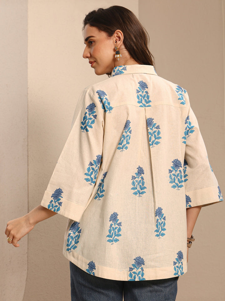 Off White Floral Printed Cotton Shirt