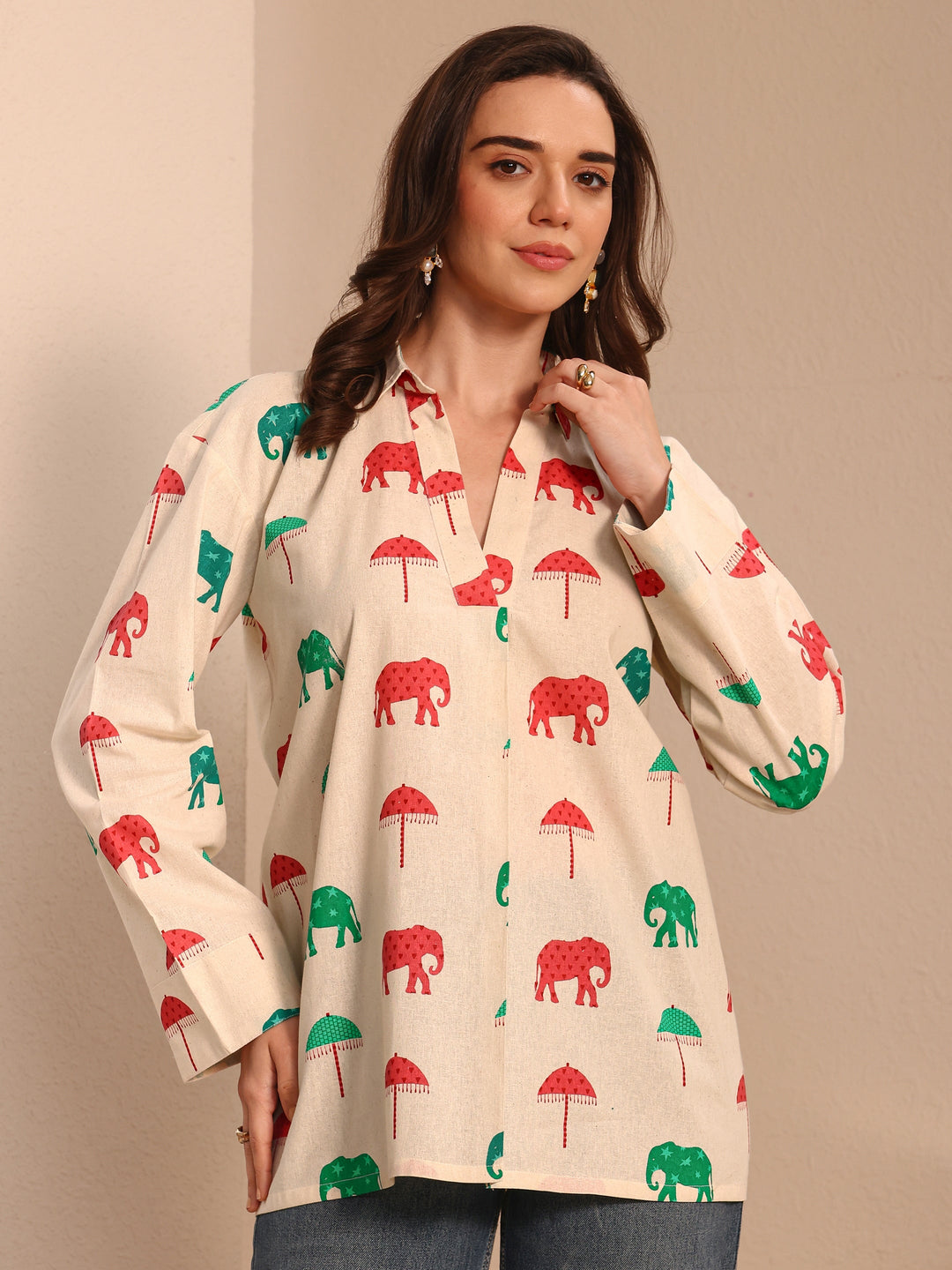 Off White Printed Cotton Straight Short Kurti
