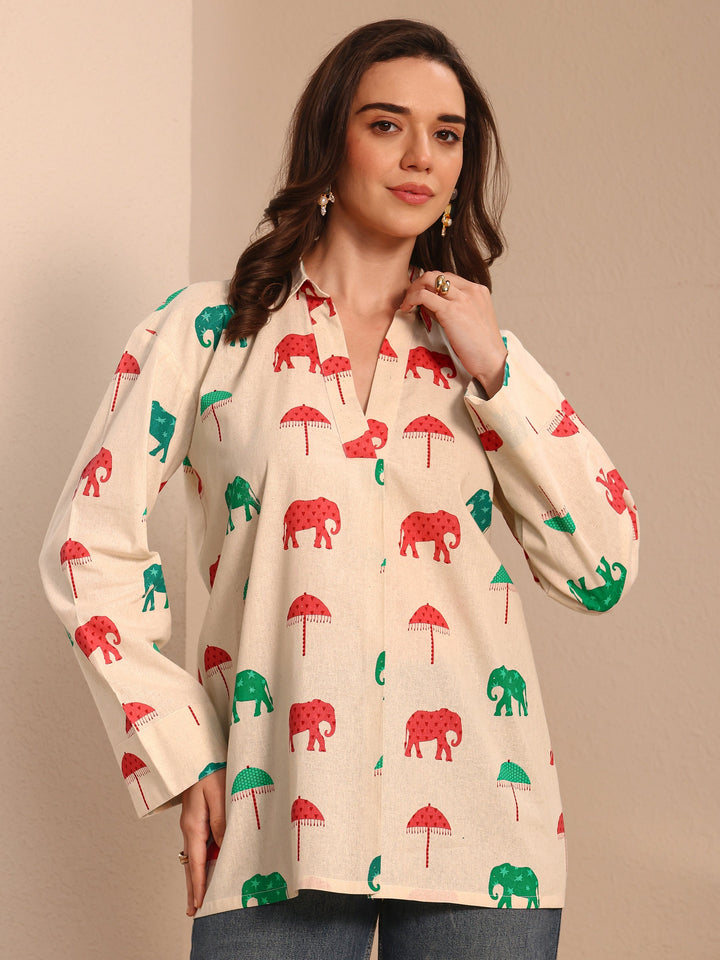 Off White Printed Cotton Straight Short Kurti