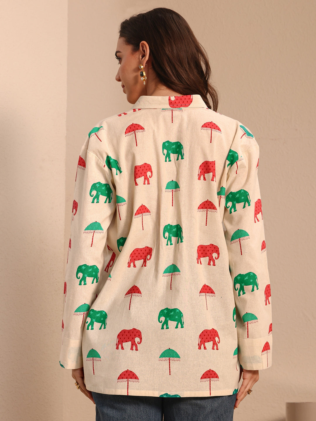 Off White Printed Cotton Straight Short Kurti