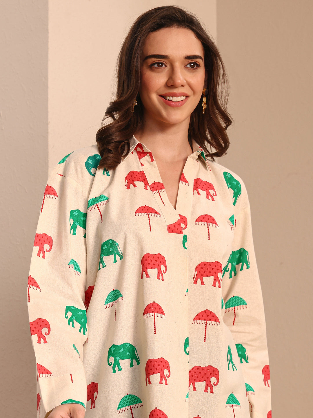 Off White Printed Cotton Straight Short Kurti