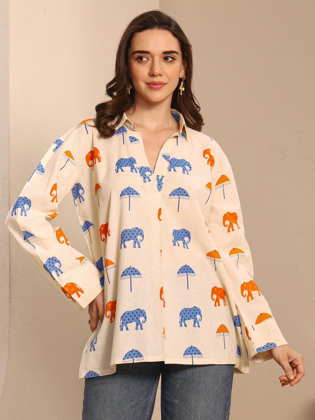 Off White Humanoid Printed Cotton Straight Short Kurti
