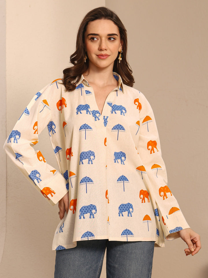Off White Humanoid Printed Cotton Straight Short Kurti