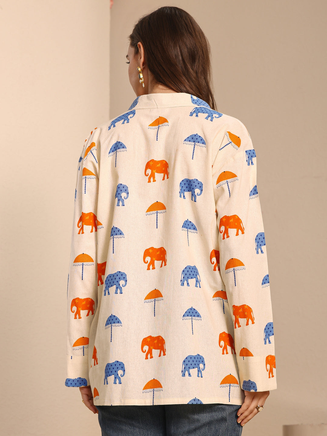 Off White Humanoid Printed Cotton Straight Short Kurti