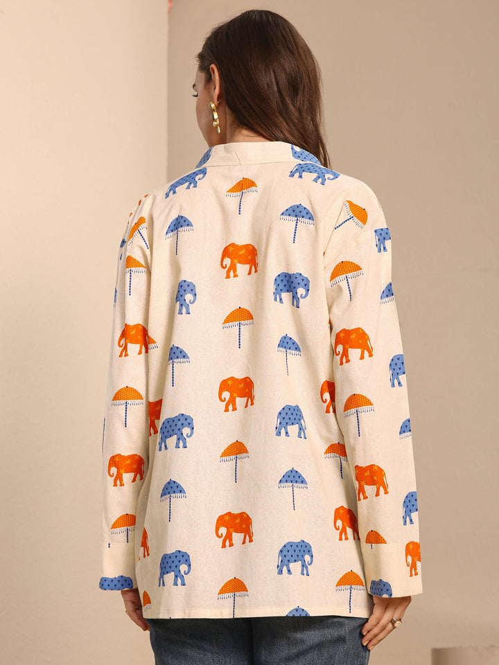 Off White Humanoid Printed Cotton Straight Short Kurti