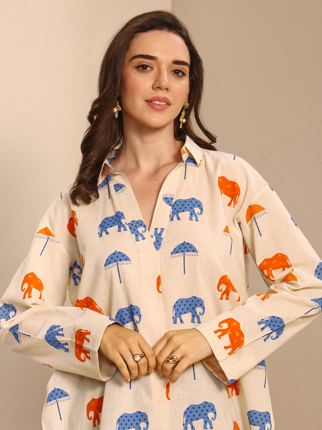 Off White Humanoid Printed Cotton Straight Short Kurti