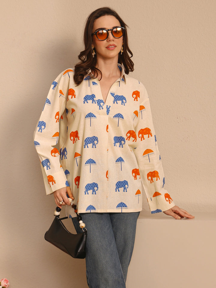 Off White Humanoid Printed Cotton Straight Short Kurti