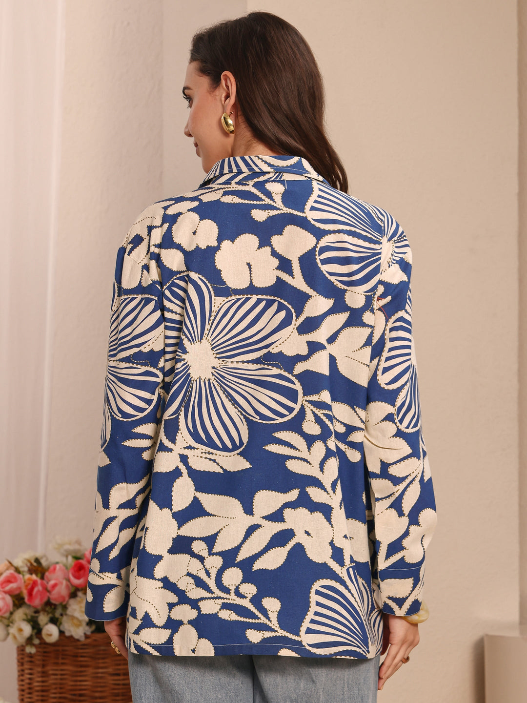 Blue Floral Printed Cotton Straight Short Kurti