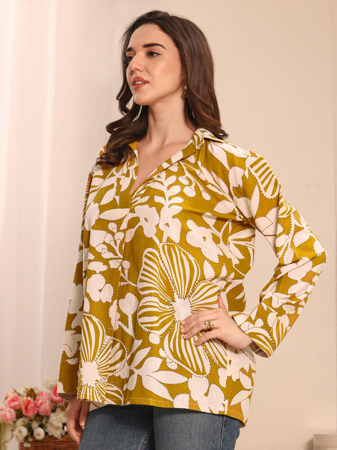 Mustard Floral Printed Cotton Straight Short Kurti