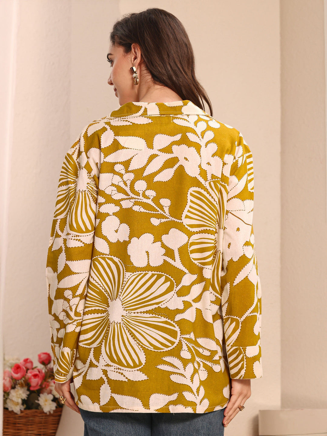Mustard Floral Printed Cotton Straight Short Kurti