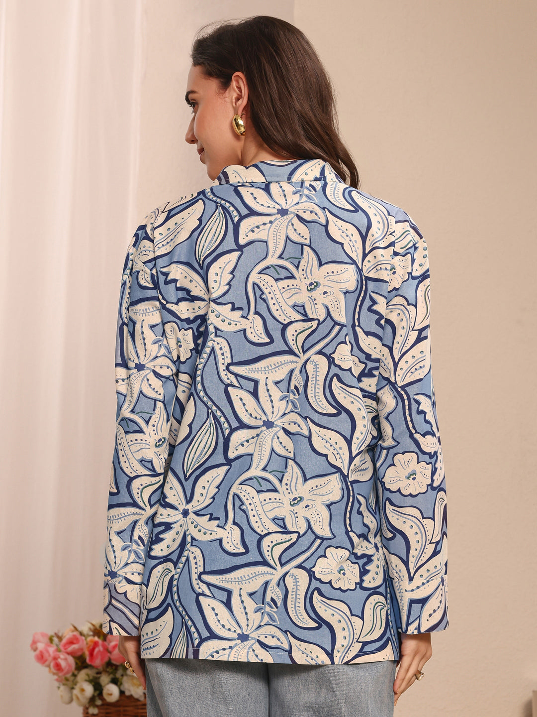 Blue Floral Printed Cotton Straight Short Kurti