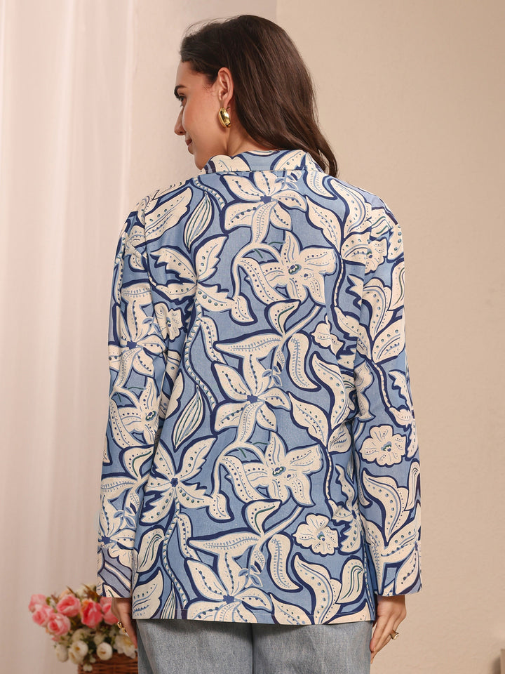 Blue Floral Printed Cotton Straight Short Kurti
