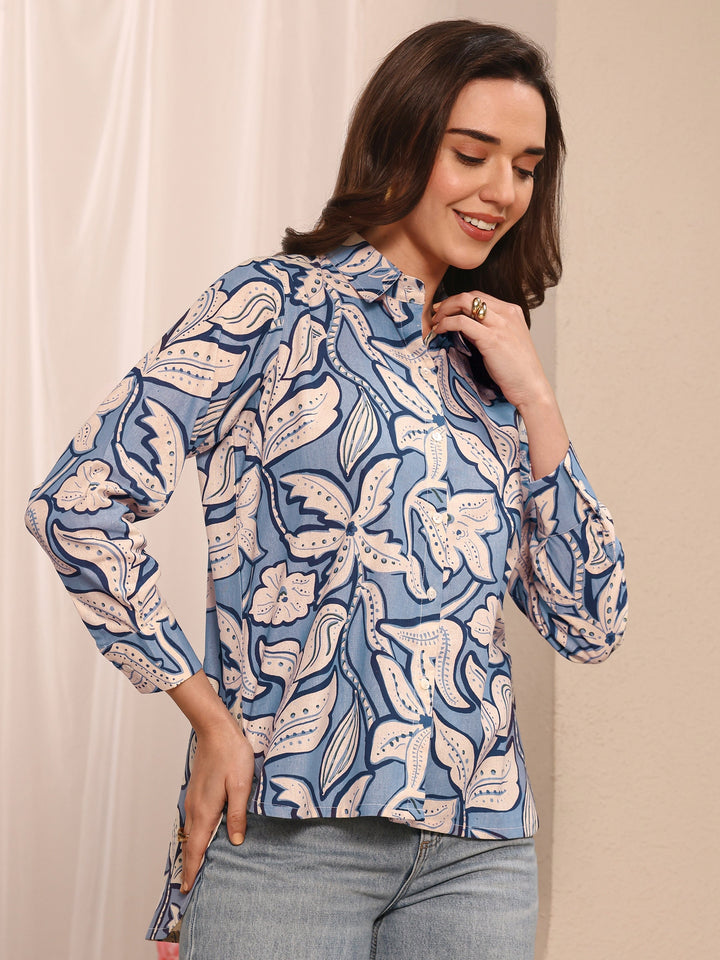Blue Floral Printed Cotton Shirt
