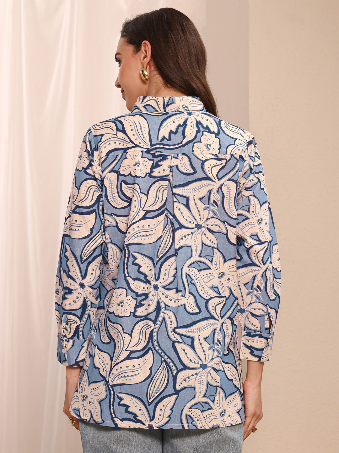 Blue Floral Printed Cotton Shirt