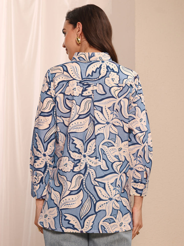 Blue Floral Printed Cotton Shirt