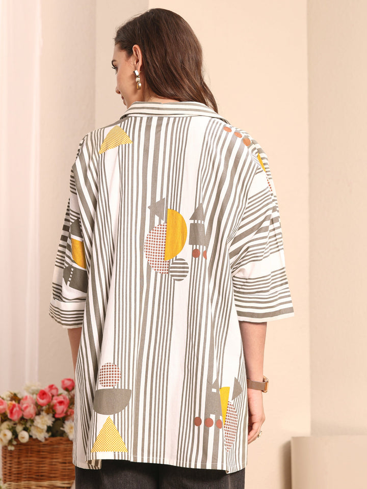 Multi Geometric Printed Cotton Straight Short Kurti
