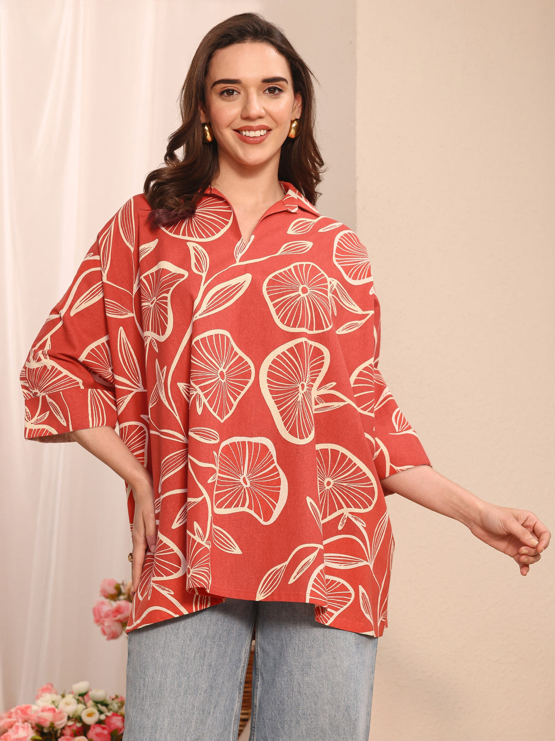 Coral Floral Printed Cotton Straight Short Kurti