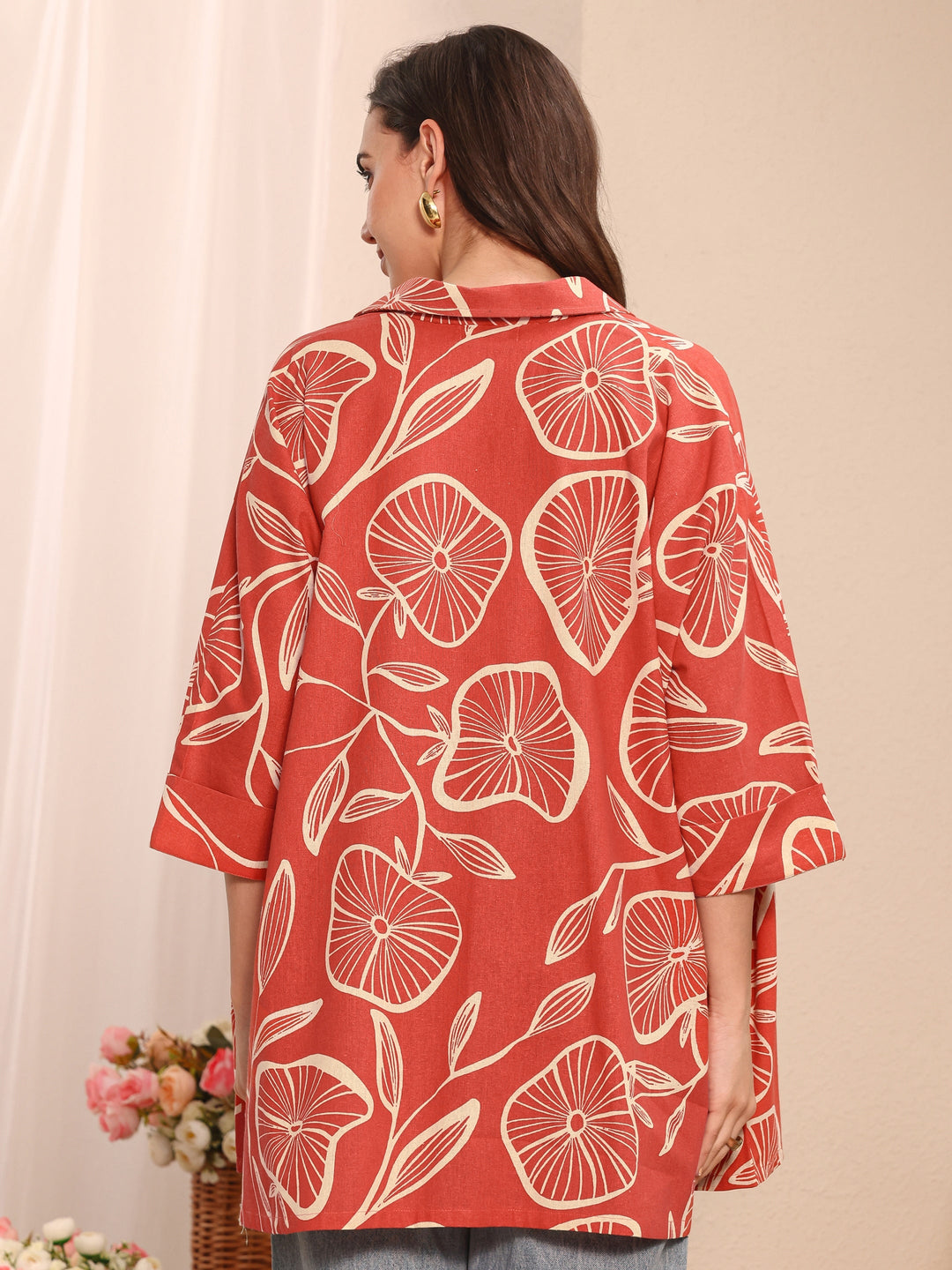 Coral Floral Printed Cotton Straight Short Kurti
