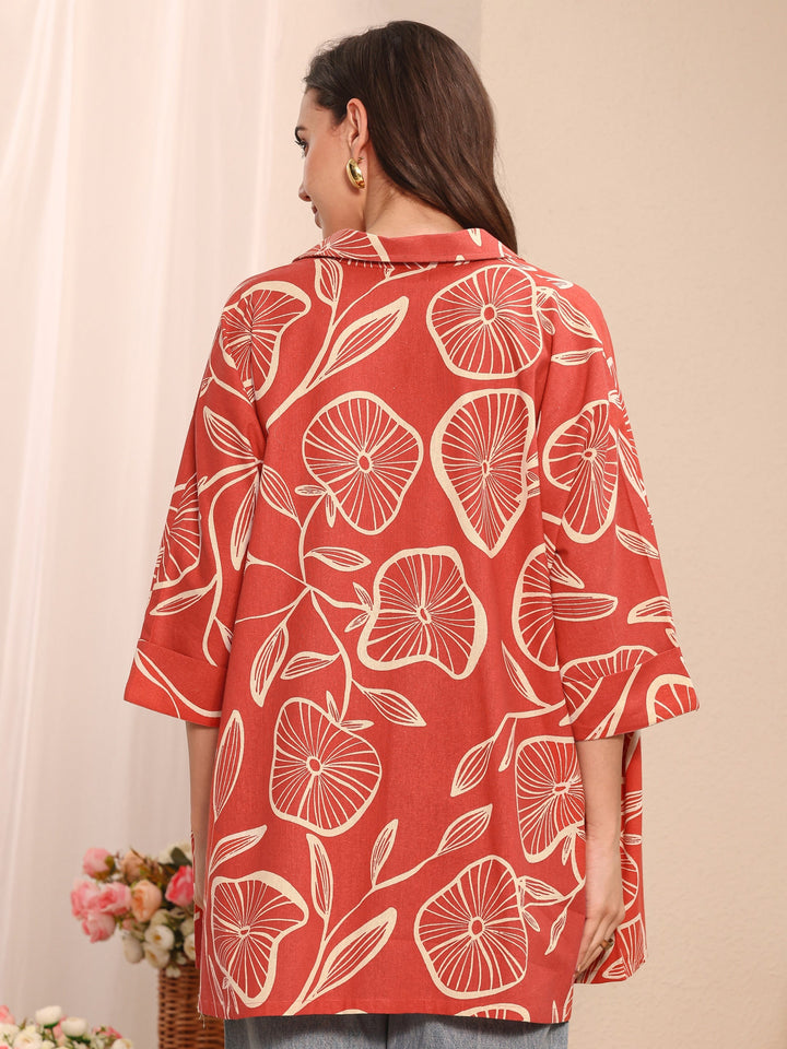 Coral Floral Printed Cotton Straight Short Kurti