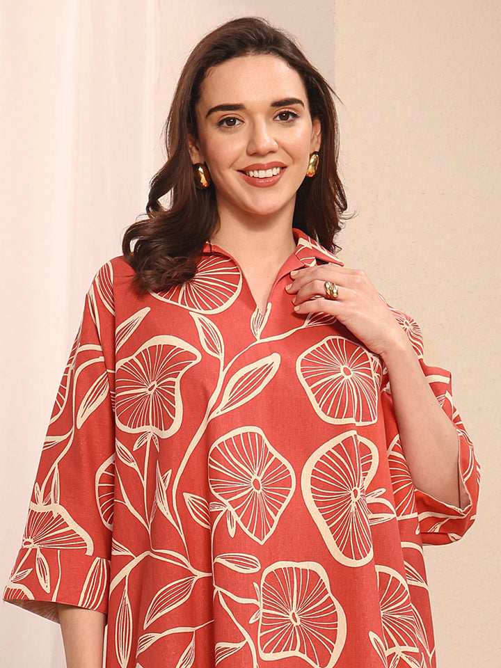 Coral Floral Printed Cotton Straight Short Kurti