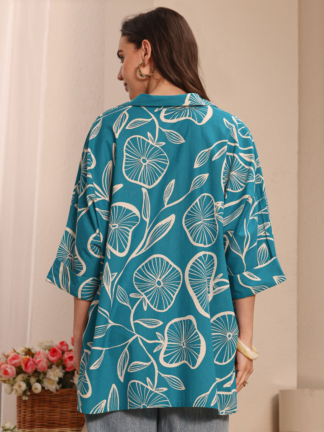 Blue Floral Printed Cotton Straight Short Kurti