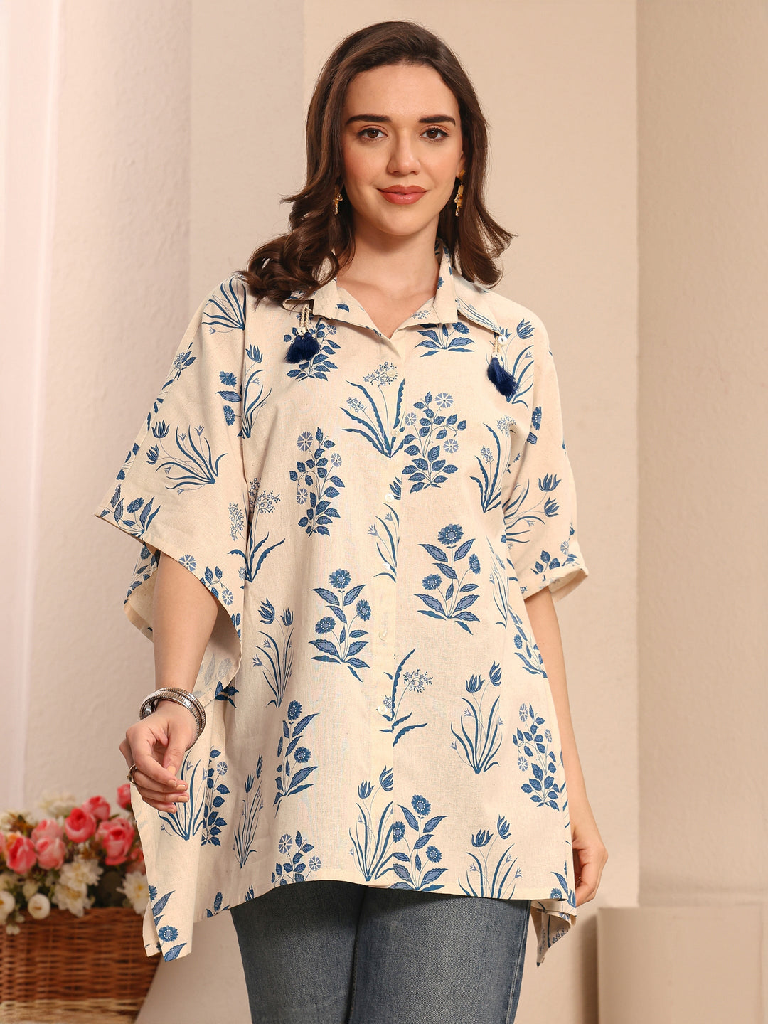 Off White Floral Printed Cotton Shirt