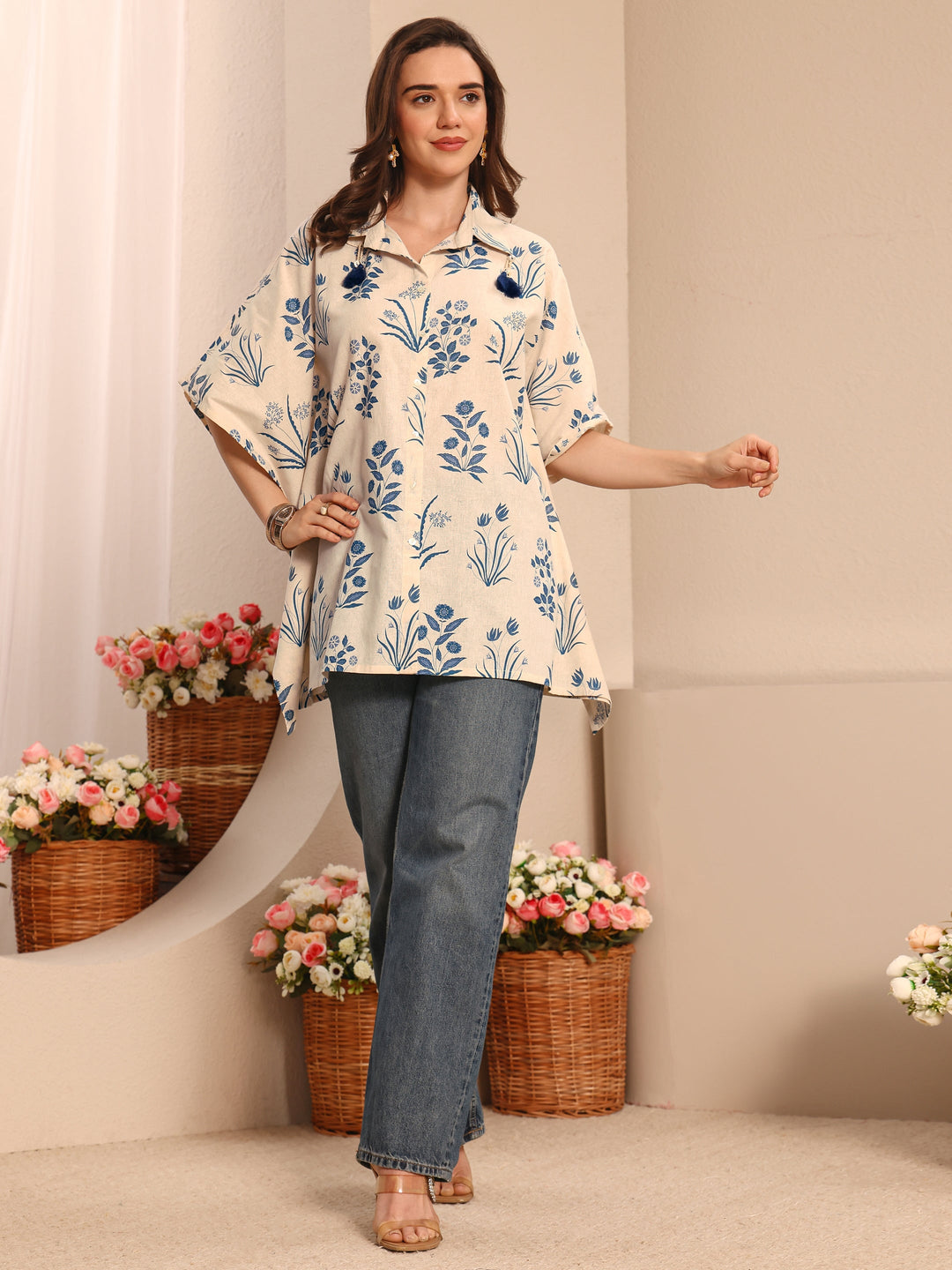 Off White Floral Printed Cotton Shirt