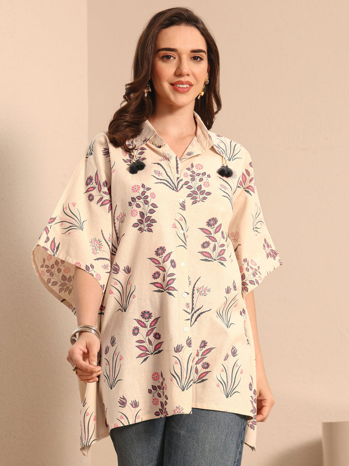Off White Floral Printed Cotton Shirt