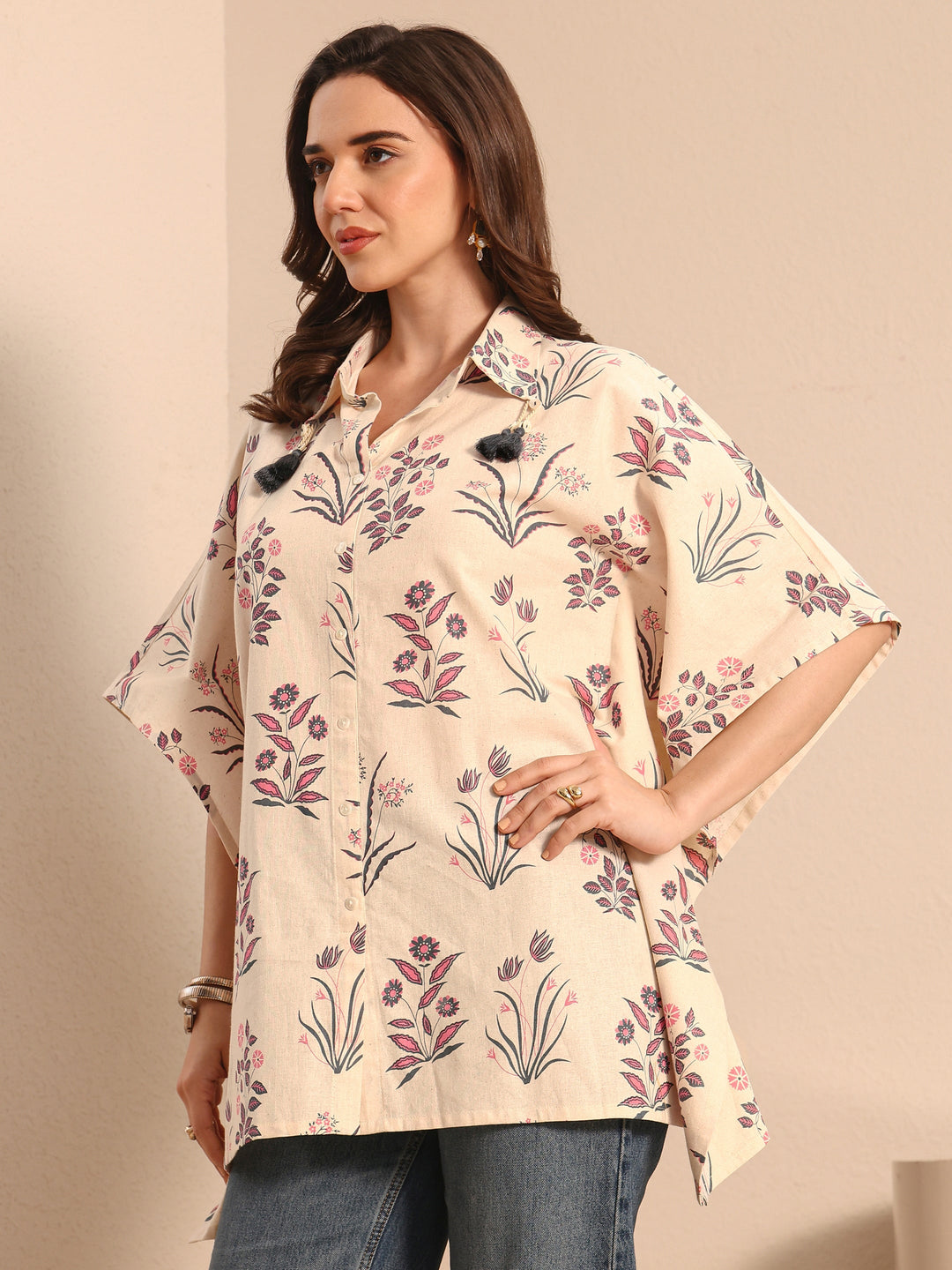 Off White Floral Printed Cotton Shirt