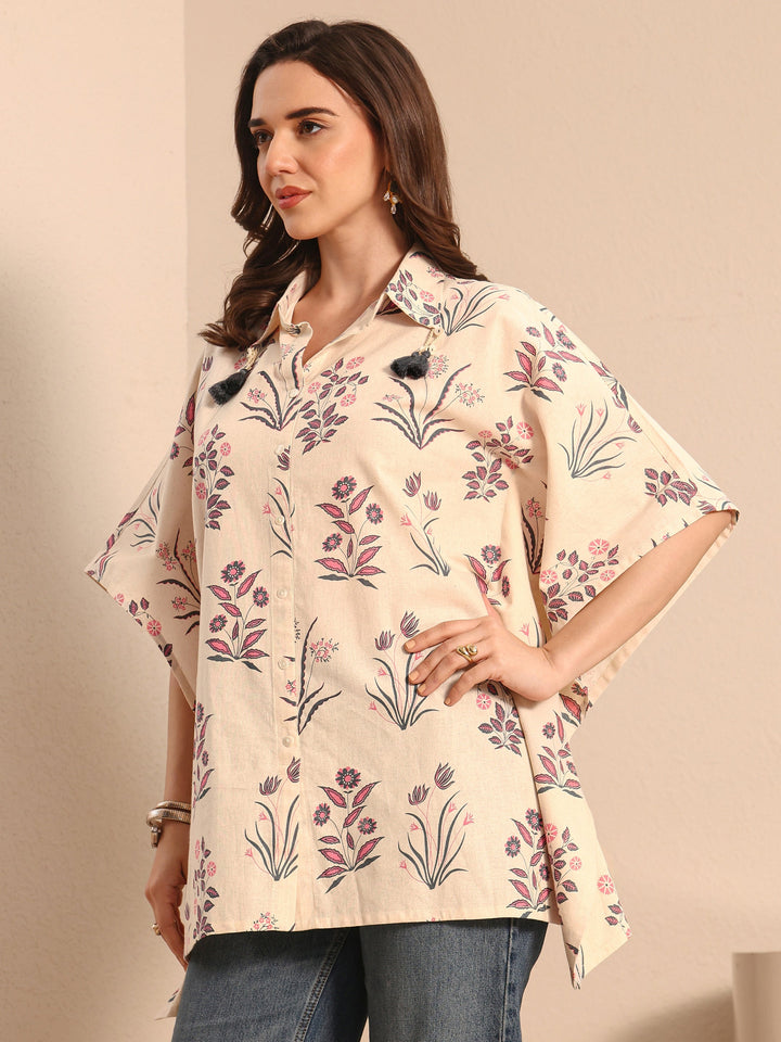 Off White Floral Printed Cotton Shirt