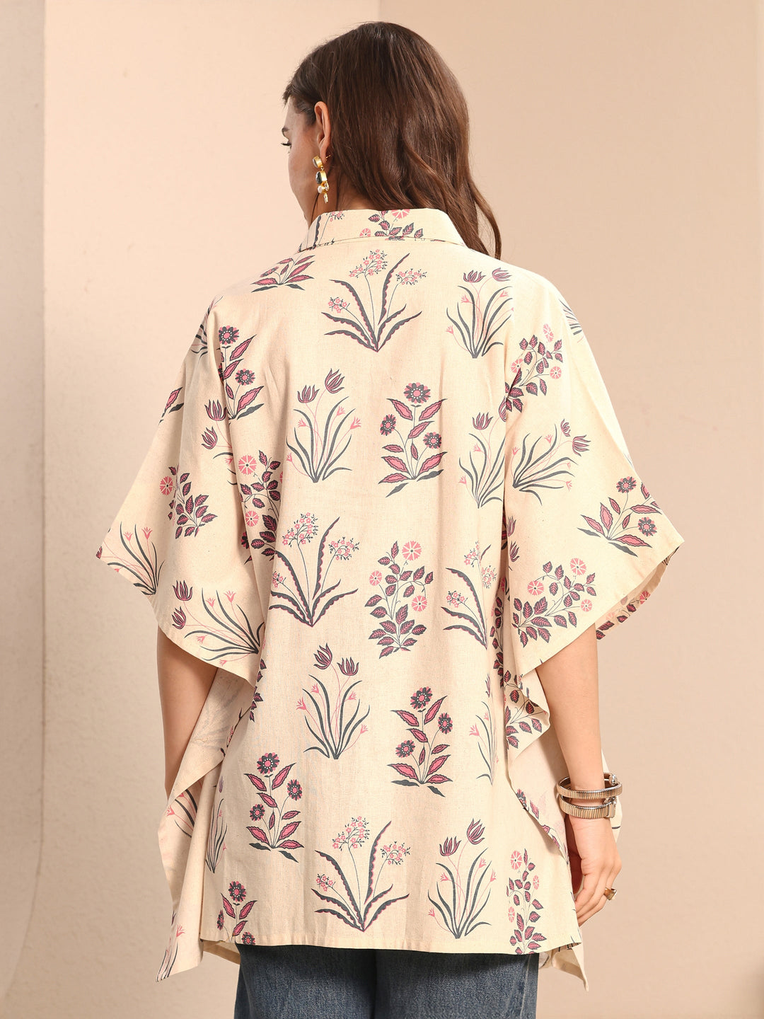 Off White Floral Printed Cotton Shirt