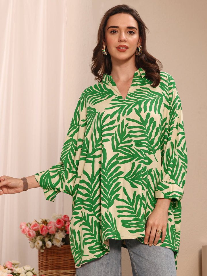 Green Foliage Print Printed Viscose Rayon Straight Short Kurti