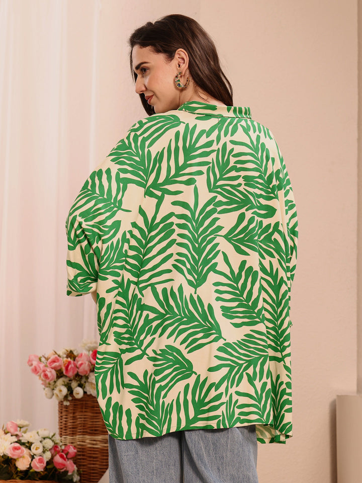 Green Foliage Print Printed Viscose Rayon Straight Short Kurti
