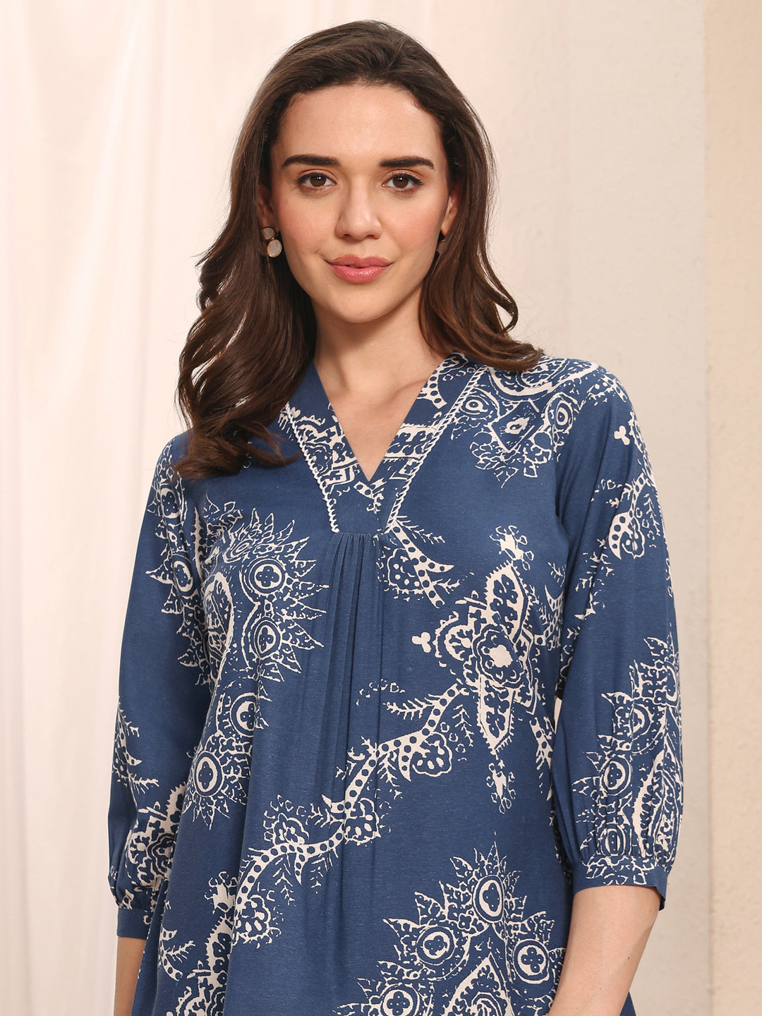 Blue Ethnic Printed Cotton Straight Short Kurti