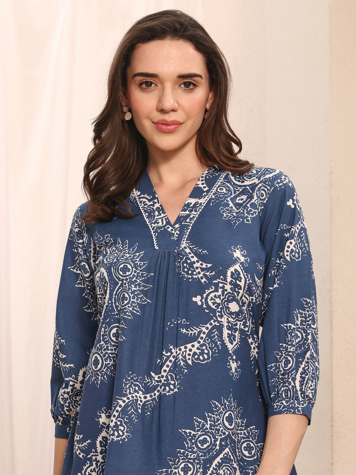 Blue Ethnic Printed Cotton Straight Short Kurti