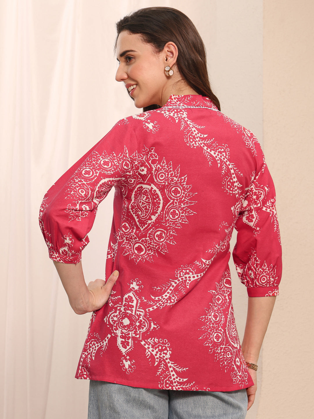 Red Floral Printed Cotton Straight Short Kurti