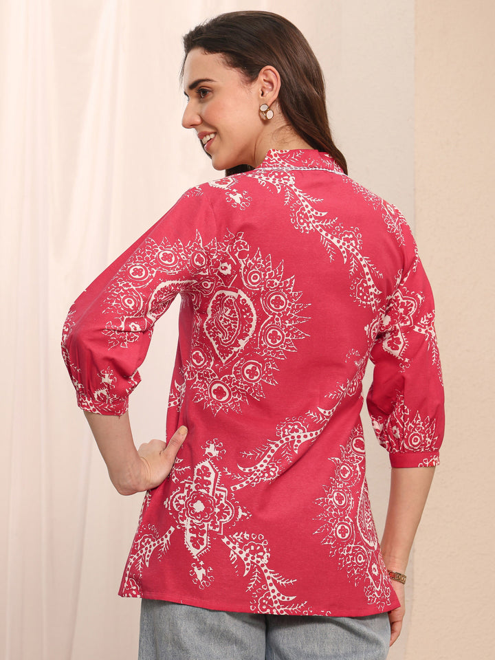Red Floral Printed Cotton Straight Short Kurti