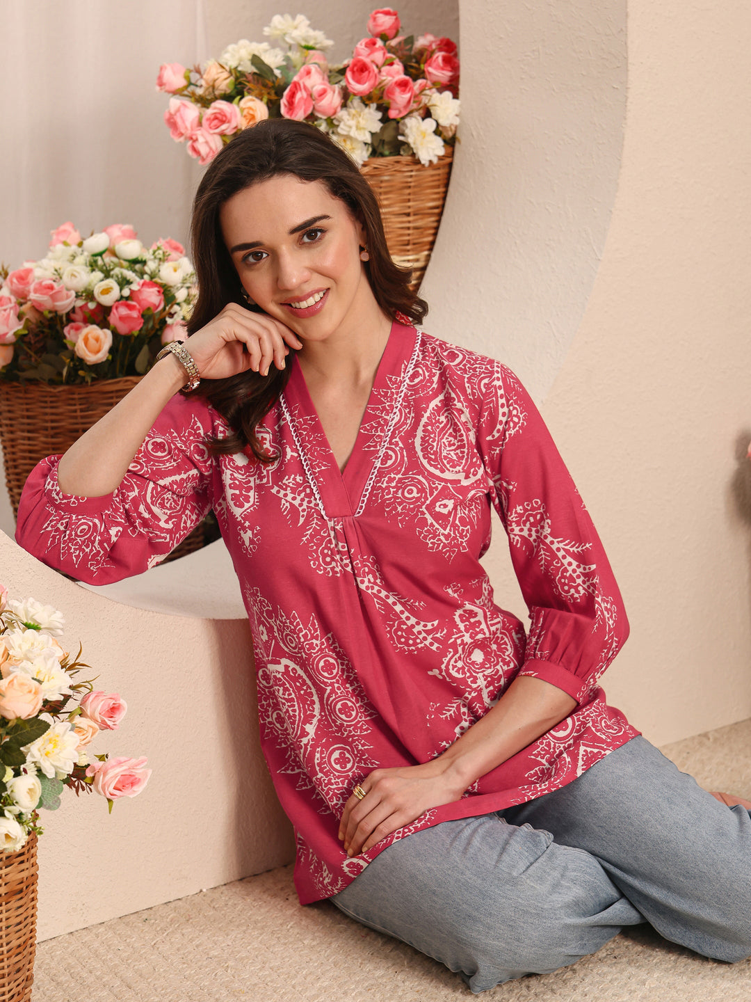 Red Floral Printed Cotton Straight Short Kurti