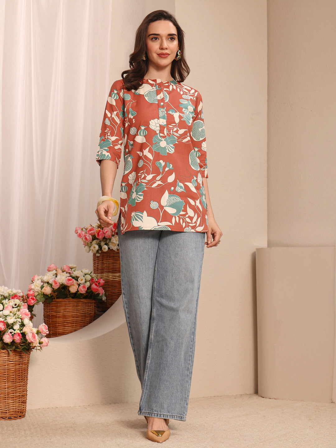 Rust Floral Printed Cotton Straight Short Kurti