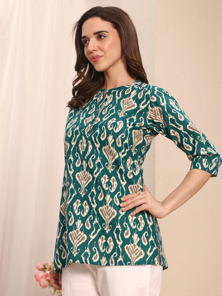 Teal Ethnic Printed Cotton Straight Short Kurti