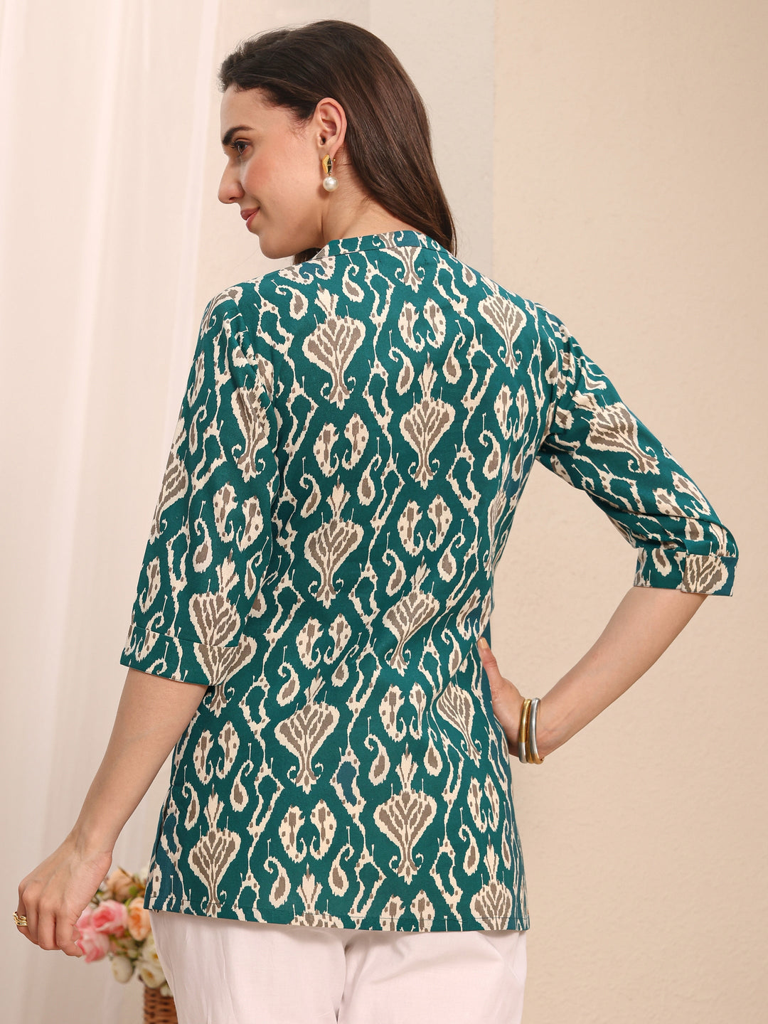 Teal Ethnic Printed Cotton Straight Short Kurti