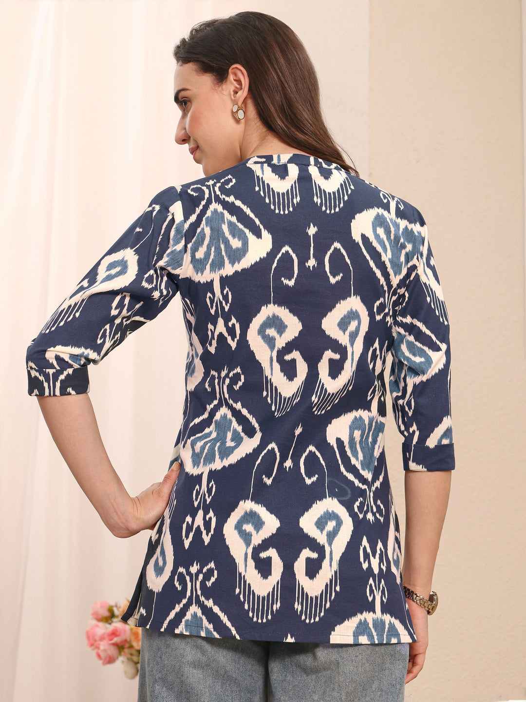 Blue Abstract Printed Cotton Straight Short Kurti