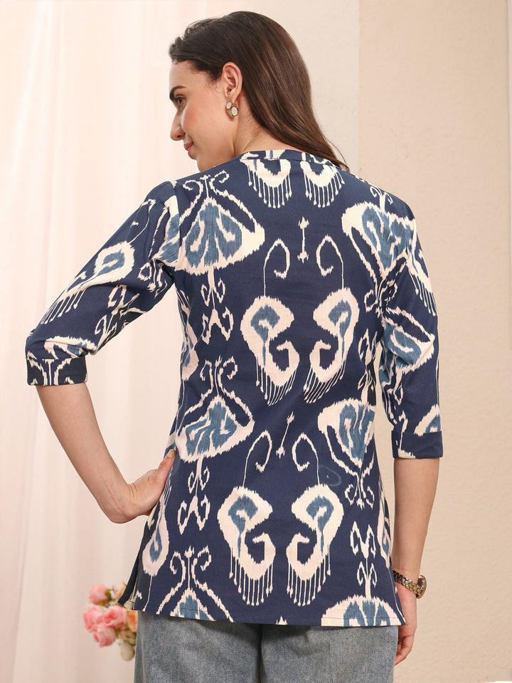Blue Abstract Printed Cotton Straight Short Kurti