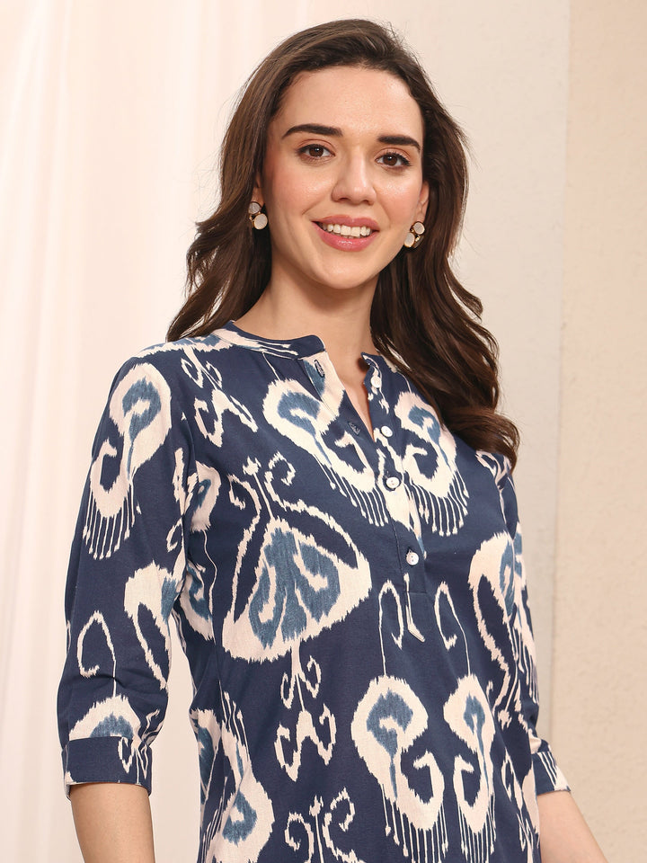 Blue Abstract Printed Cotton Straight Short Kurti