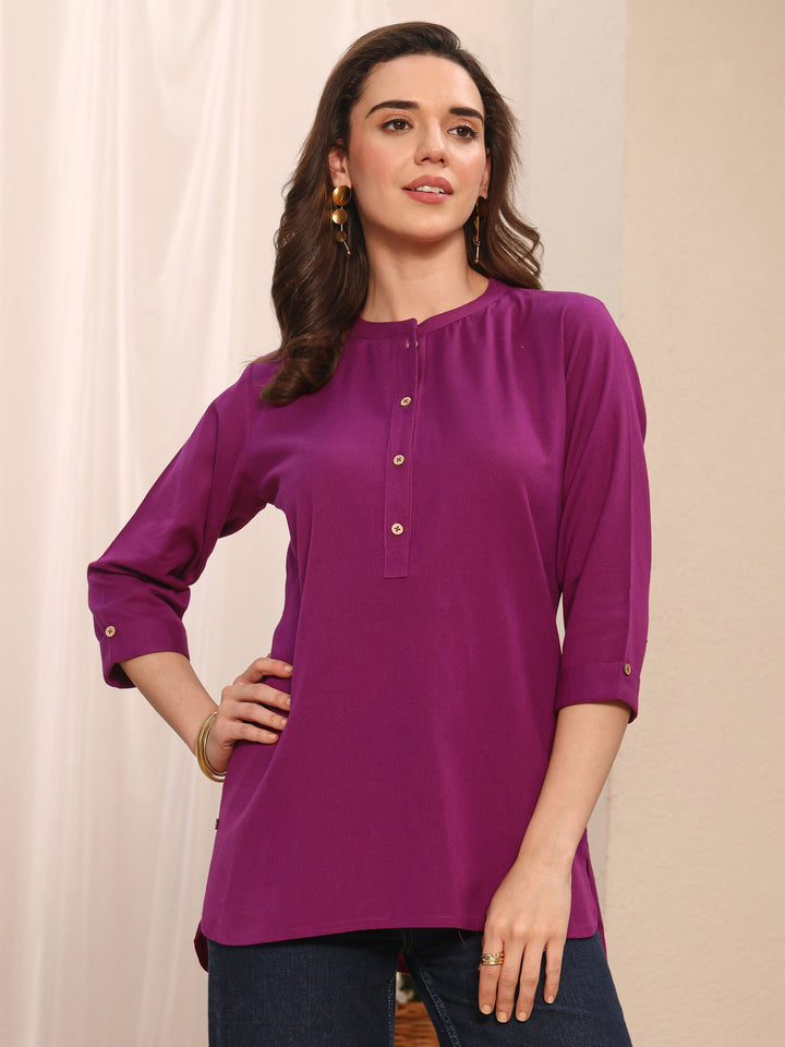 Burgundy Solid Solid Cotton Straight Short Kurti