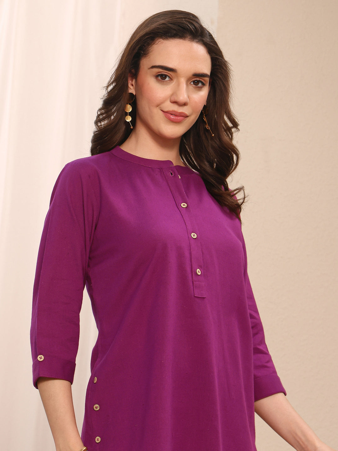 Burgundy Solid Solid Cotton Straight Short Kurti