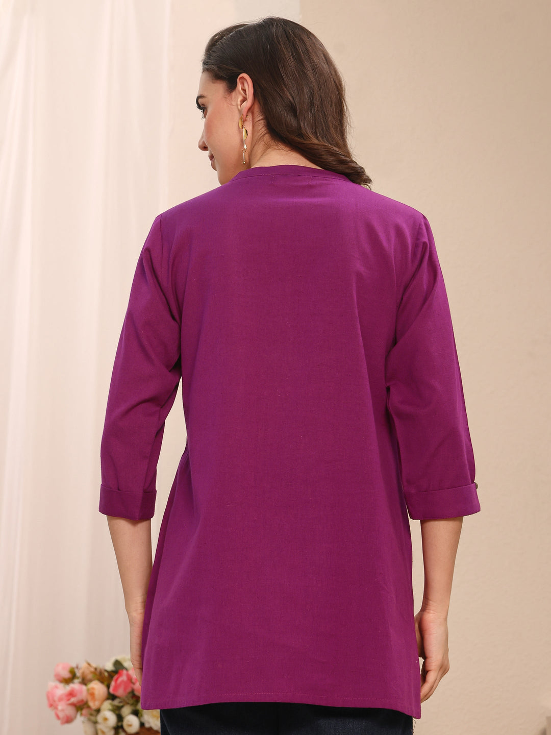 Burgundy Solid Solid Cotton Straight Short Kurti