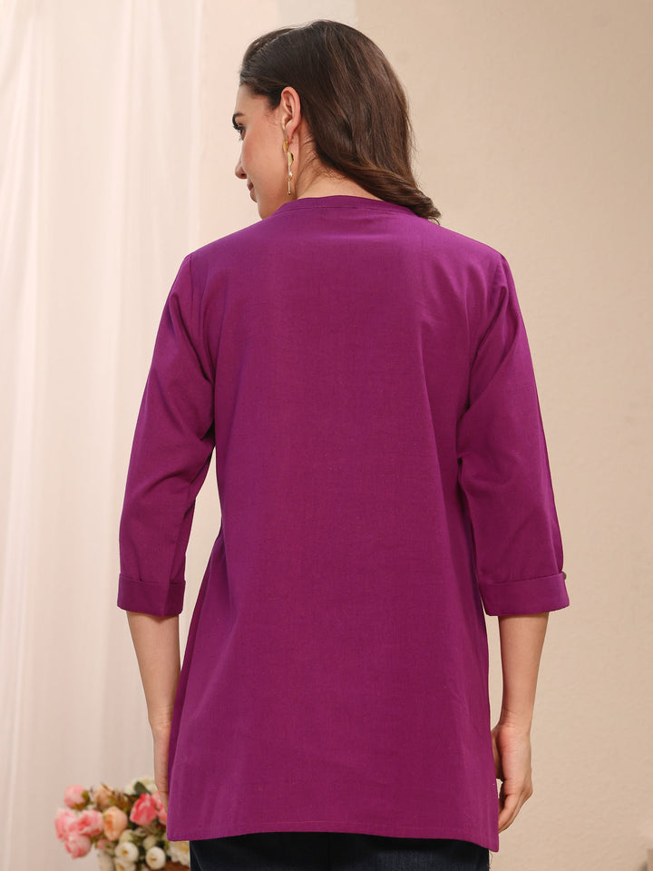 Burgundy Solid Solid Cotton Straight Short Kurti