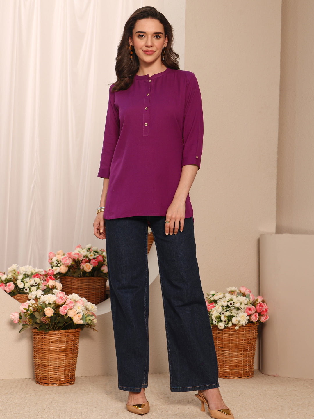 Burgundy Solid Solid Cotton Straight Short Kurti