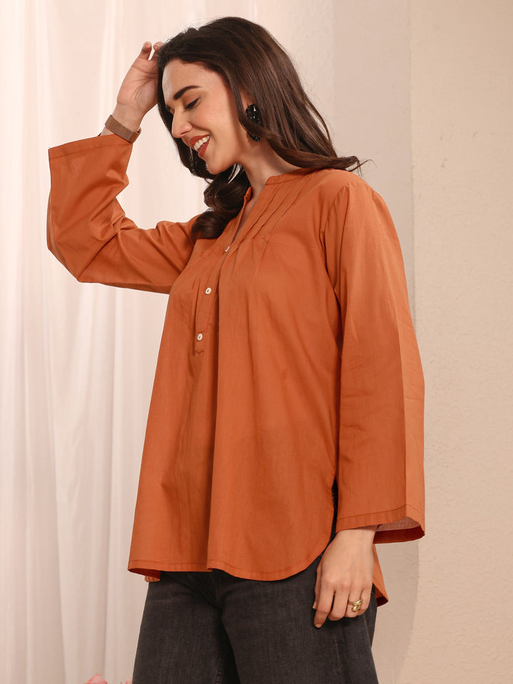 Orange Solid Solid Cotton Straight Short Kurti
